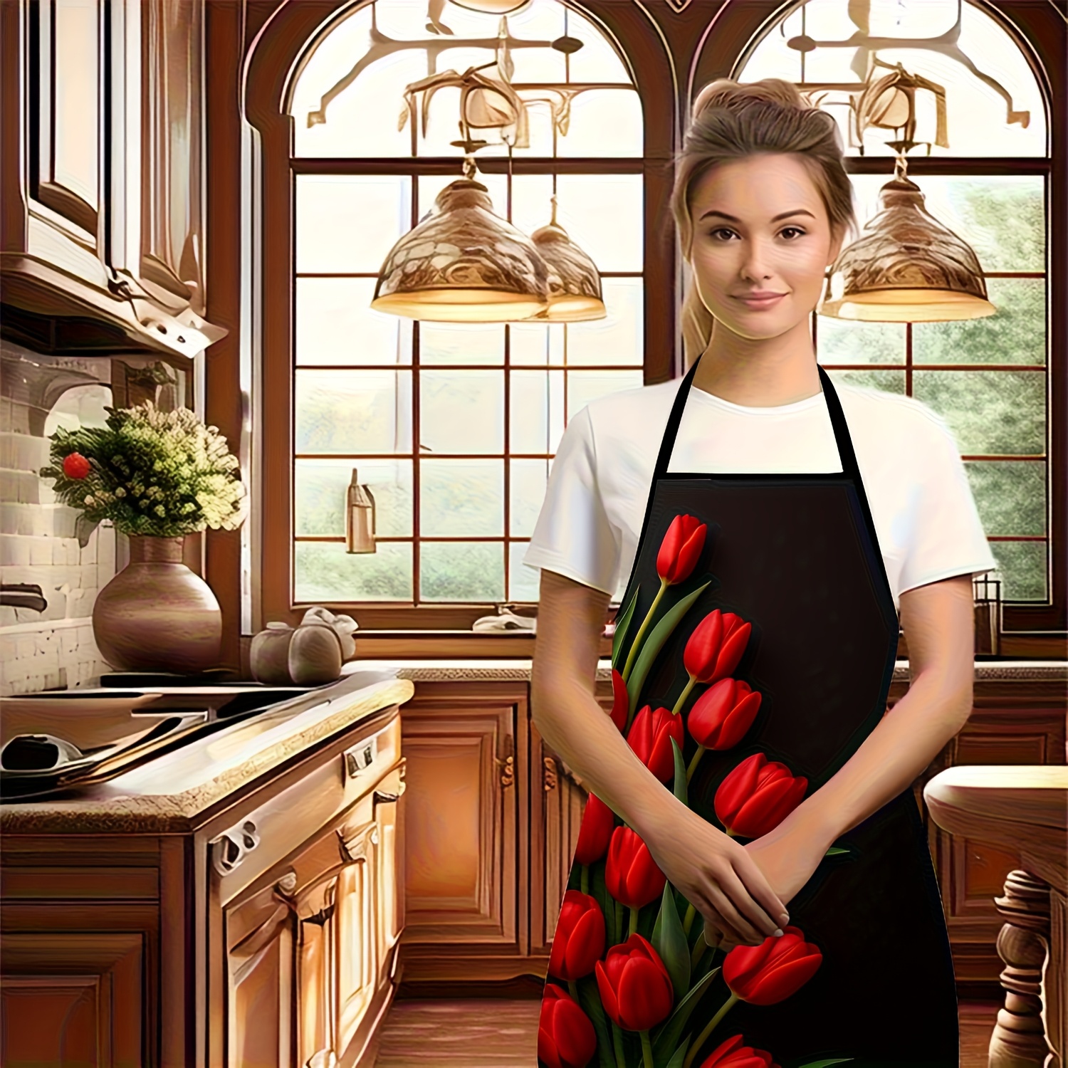 1pc Red Tulip Flower Apron Bla - Kitchen Baking Background review and price