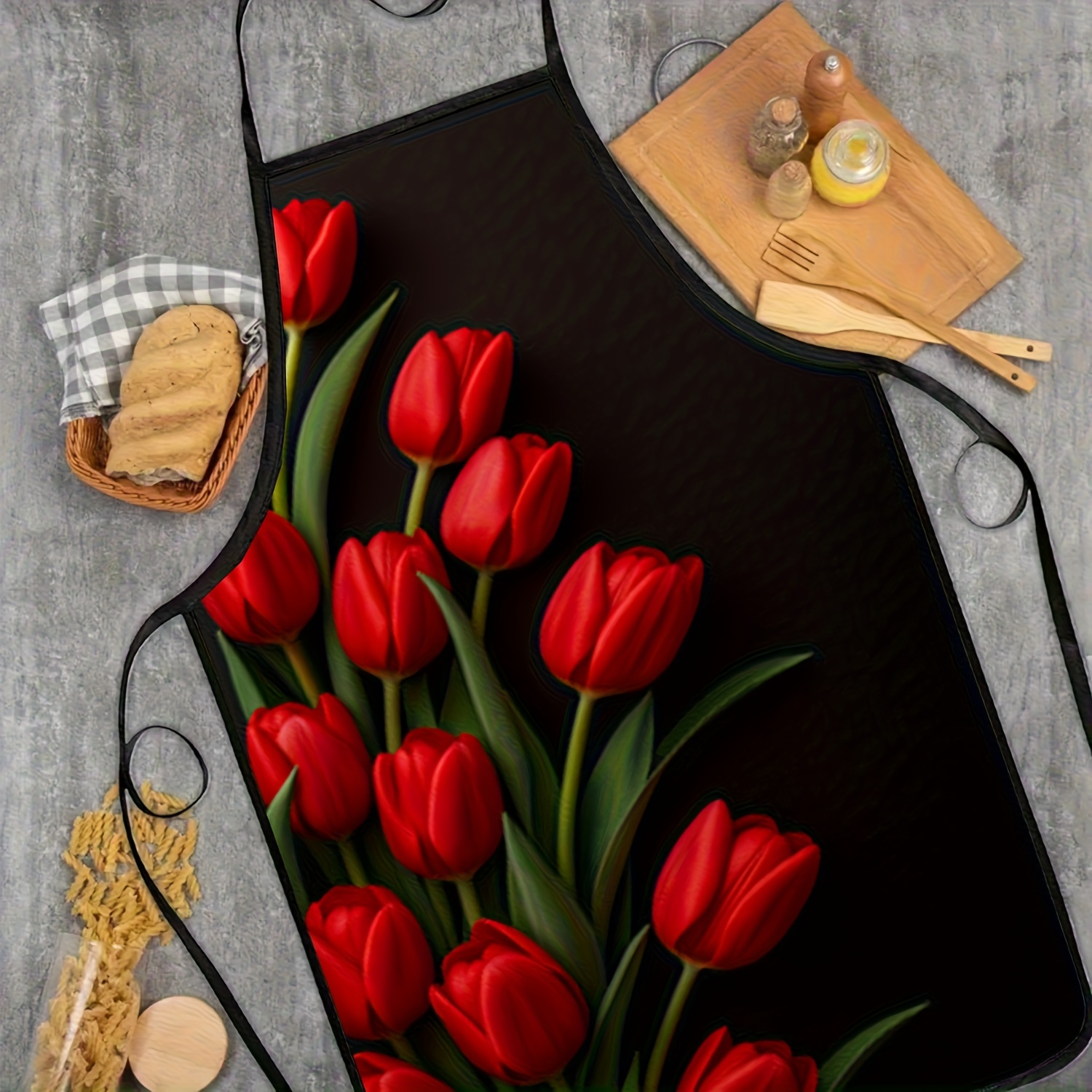 1pc Red Tulip Flower Apron Bla - Kitchen Baking Background review and price